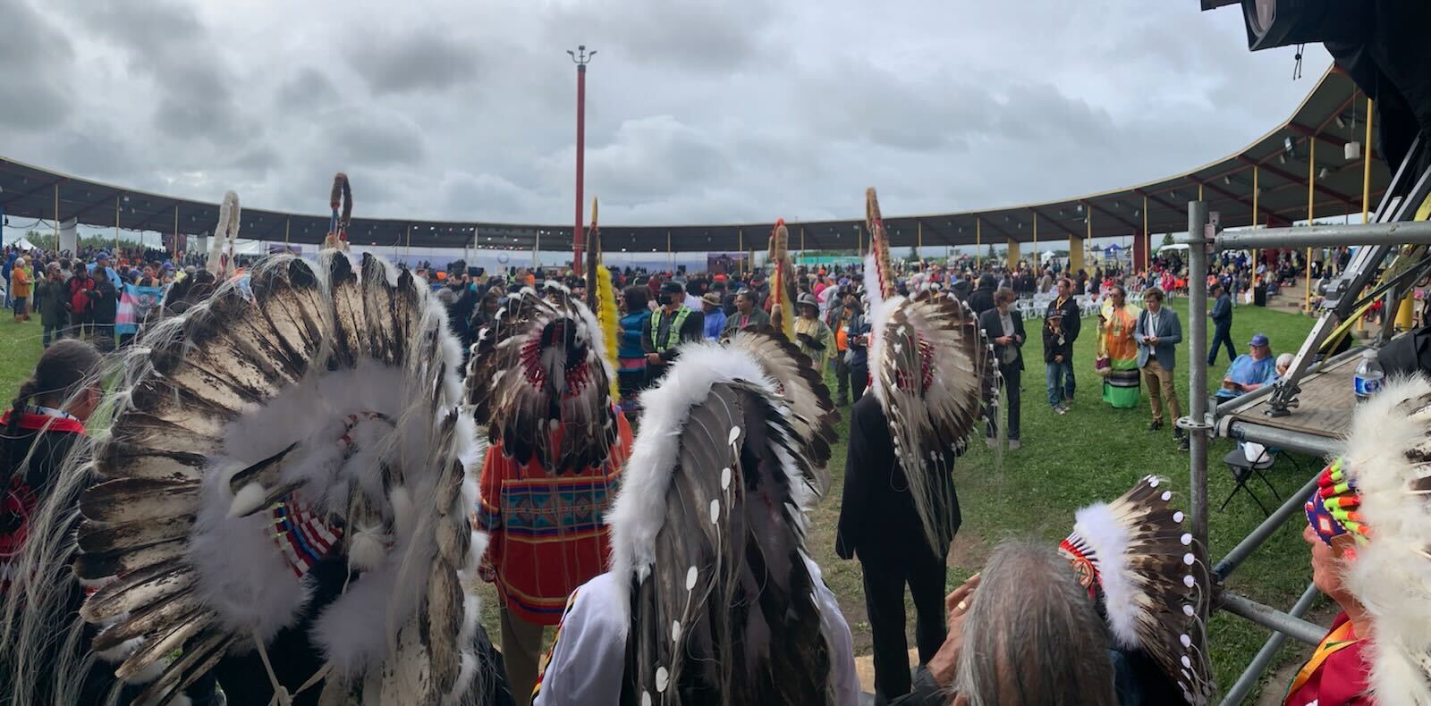 First Nations Chiefs bring the Eagle Staffs in for grand entry in Maskwacis, Alberta, Canada, to hear apology from Pope Francis on July 25, 2022.